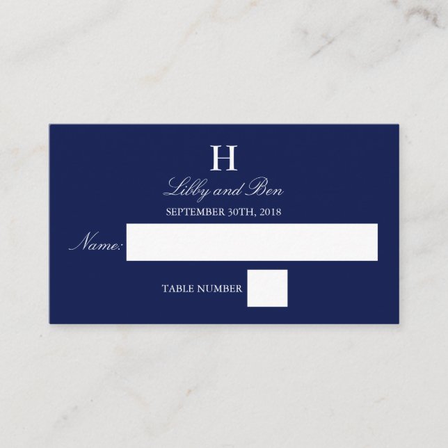 Trendy Navy & White Wedding Place Card (Front)