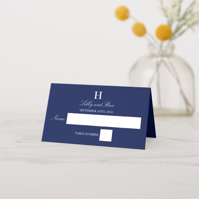 Trendy Navy & White Wedding Place Card (Front)