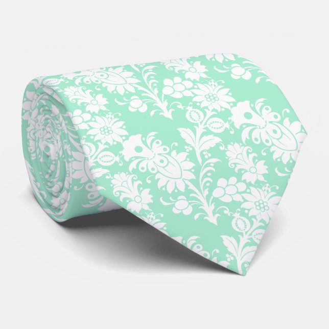 Trendy Neo Mint Floral Pattern Groomsmen Wedding Tie (Rolled)