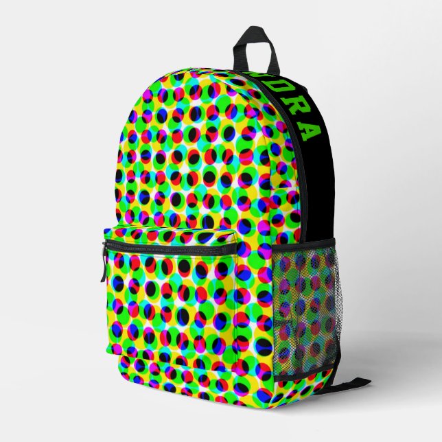 Trendy Neon Colourful Geometric Circle Lights Name Printed Backpack (Back Corner Right)