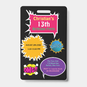 Trendy Neon Comic Birthday Party ID Badge