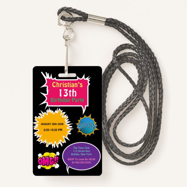 Trendy Neon Comic Birthday Party ID Badge (Front with Lanyard)