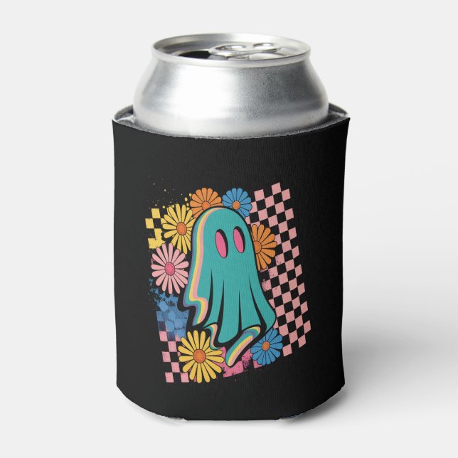 Trendy Neon Floral Ghost Halloween Can Cooler (Can Front)