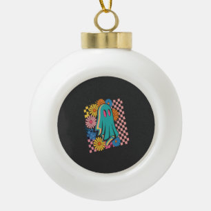 Trendy Neon Floral Ghost Halloween Ceramic Ball Christmas Ornament