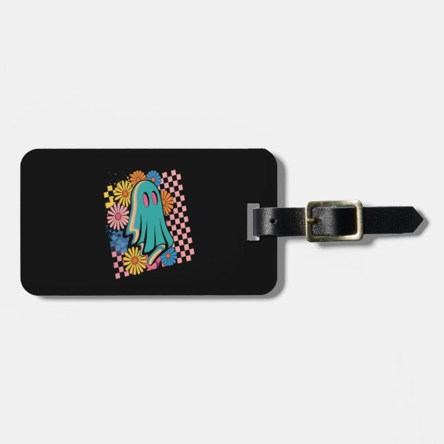 Trendy Neon Floral Ghost Halloween Luggage Tag (Front Horizontal)