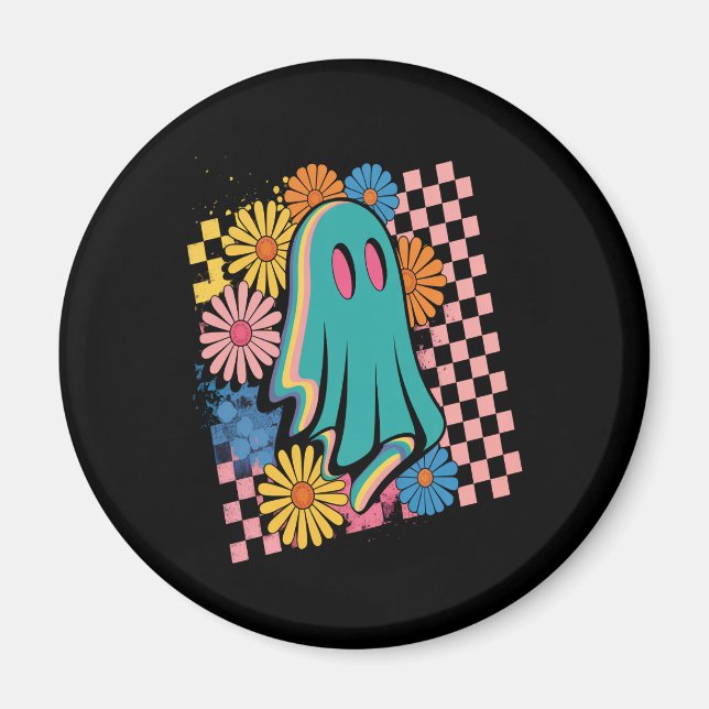 Trendy Neon Floral Ghost Halloween Magnet (Front)
