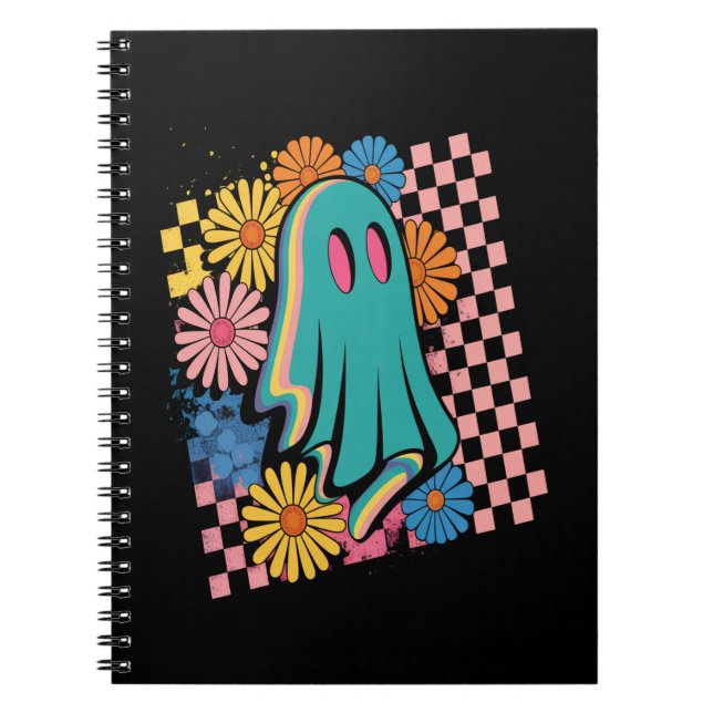 Trendy Neon Floral Ghost Halloween Notebook (Front)