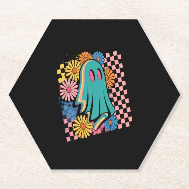 Trendy Neon Floral Ghost Halloween Paper Coaster (Front)