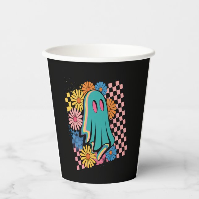Trendy Neon Floral Ghost Halloween Paper Cups (Front)