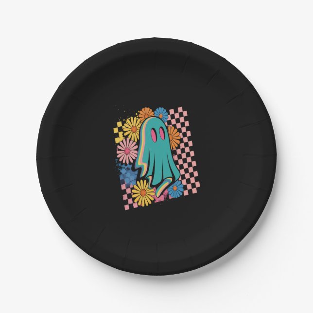 Trendy Neon Floral Ghost Halloween Paper Plate (Front)