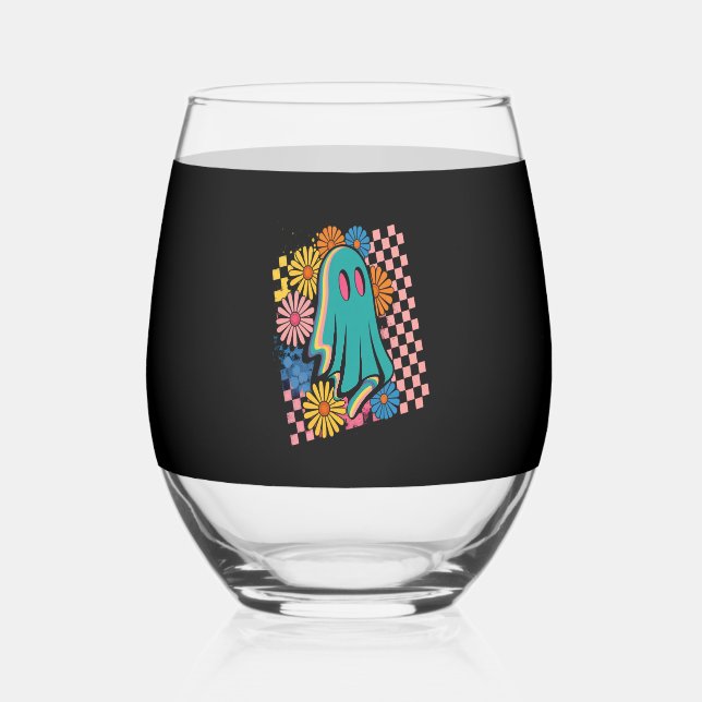Trendy Neon Floral Ghost Halloween Stemless Wine Glass (Front)
