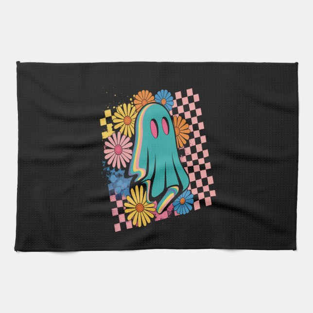 Trendy Neon Floral Ghost Halloween Tea Towel (Horizontal)