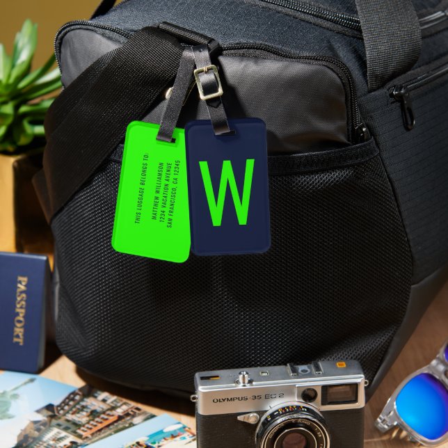 Trendy Neon Green Monogram  Luggage Tag (Front & Back)