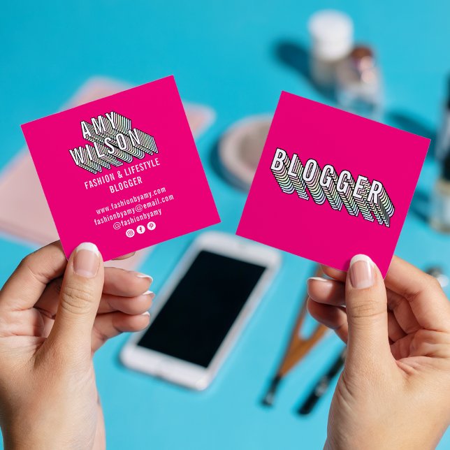 Trendy neon pink 3d typography blogger minimal square business card (Trendy neon pink 3d typography blogger minimal)