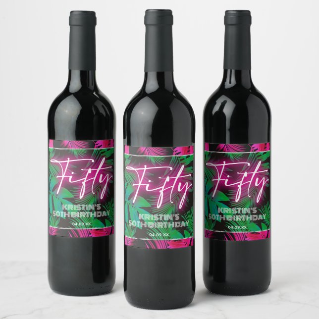 Trendy Neon Pink 50th Birthday Wine Label (Bottles)