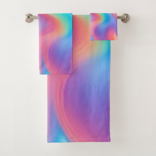 Trendy neon Pink Blue green abstract waves Bath Towel Set