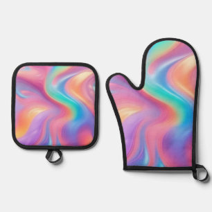 Trendy neon Pink Blue green abstract waves Oven Mitt & Pot Holder Set