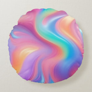 Trendy neon Pink Blue green abstract waves Round Cushion