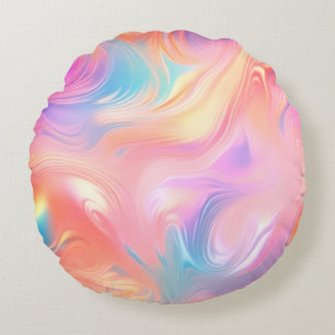 Trendy neon Pink Blue yellow abstract waves Round Cushion