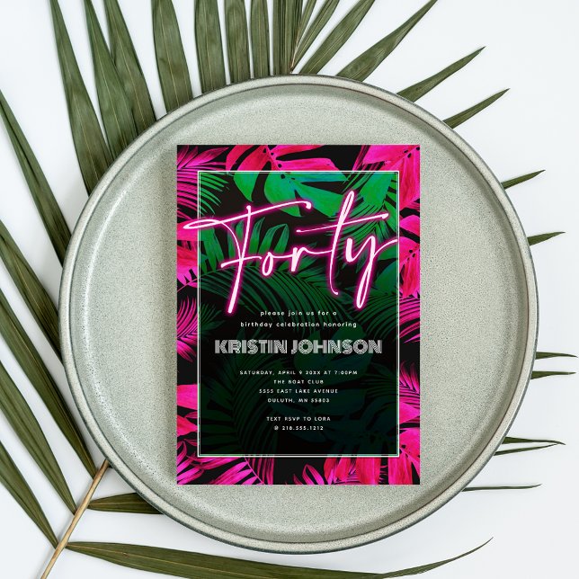 Trendy Neon Pink Tropical 40th Birthday Invitation (Creator Uploaded)