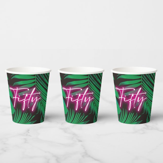 Trendy Neon Pink Tropical 50th Birthday Paper Cups (Multi)