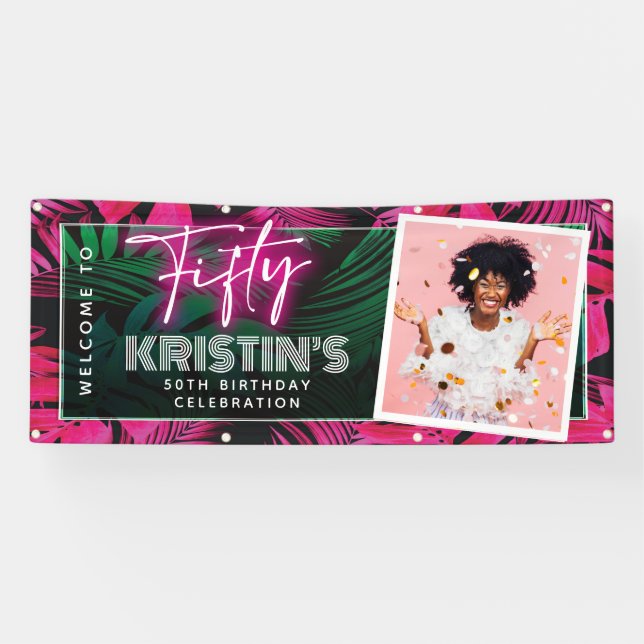 Trendy Neon Pink Tropical 50th Birthday Welcome Banner (Horizontal)