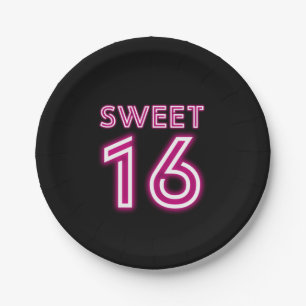 Trendy Neon Sweet Sixteen Hot Pink and Black Paper Plate