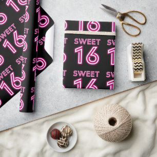 Trendy Neon Sweet Sixteen Hot Pink and Black Wrapping Paper