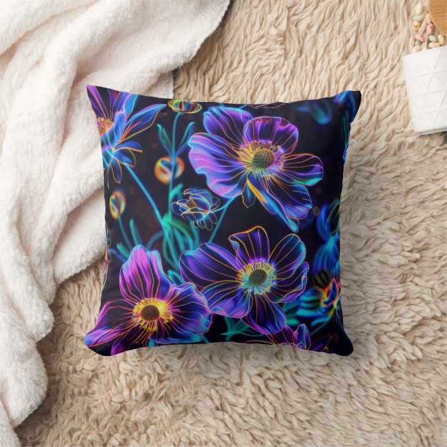 Trendy Neon Vibrant Glow Floral  Cushion (Blanket)