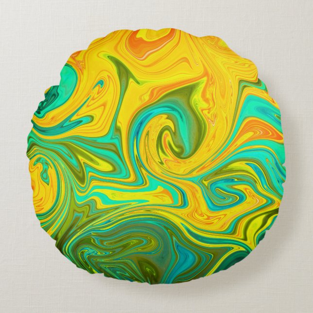 Trendy Neon Yellow Orange Green Abstract Swirl Round Cushion (Front)