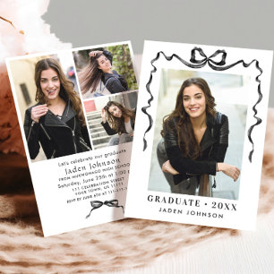 Trendy Neutral Bow Ribbon 4 PHOTO Graduation Party Invitation