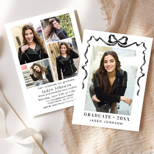 Trendy Neutral Bow Ribbon 5 PHOTO Graduation Party Invitation