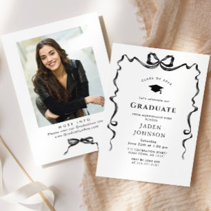 Trendy Neutral Bow Ribbon PHOTO Graduation Party Invitation