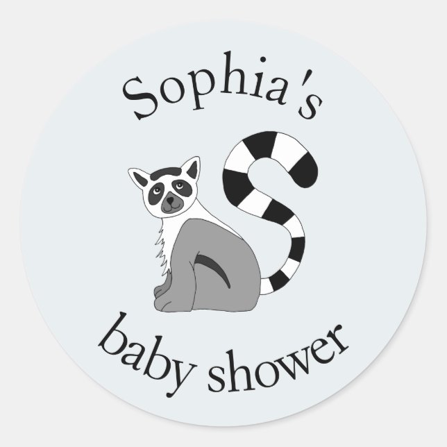 Trendy Neutral Jungle Lemur & Name Baby Shower Classic Round Sticker (Front)