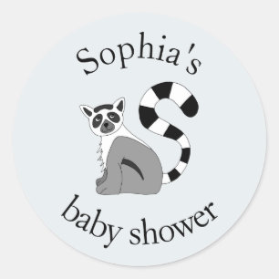 Trendy Neutral Jungle Lemur & Name Baby Shower Classic Round Sticker