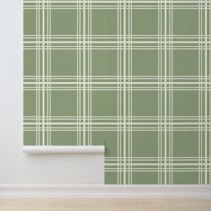 Trendy Neutral Sage Green Ivory White Grid Lines Wallpaper