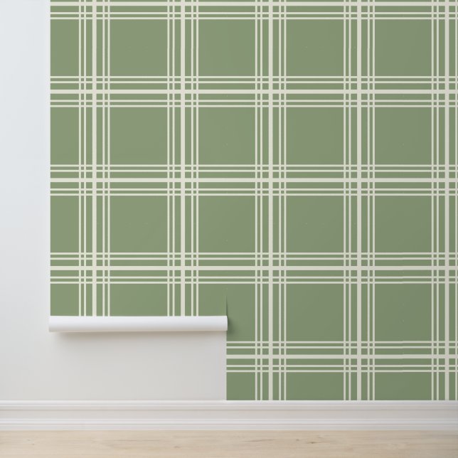Trendy Neutral Sage Green Ivory White Grid Lines Wallpaper (Application)