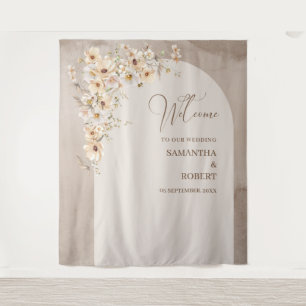 Trendy neutral wildflowers boho arch wedding tapestry