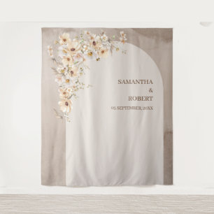 Trendy neutral wildflowers boho arch wedding tapestry