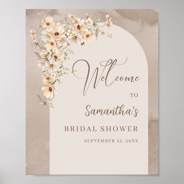 Trendy neutral wildflowers boho arch Welcome sign (Front)