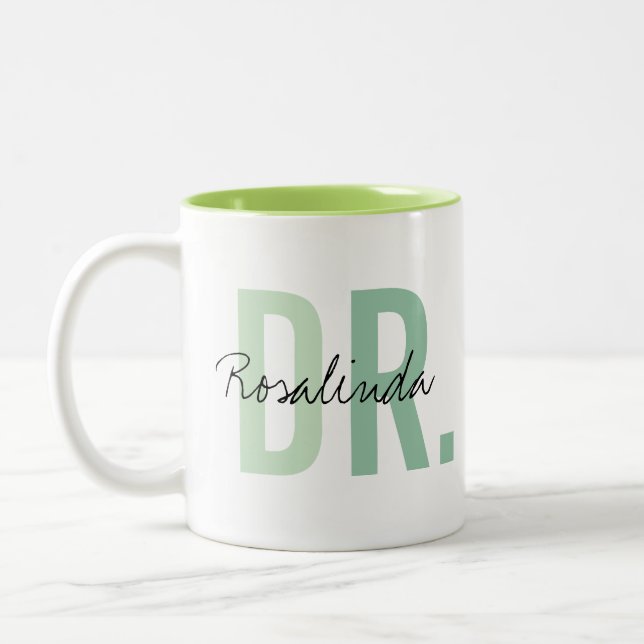 Trendy New Doctor PhD Custom Name Appreciation Gif Two-Tone Coffee Mug (Left)