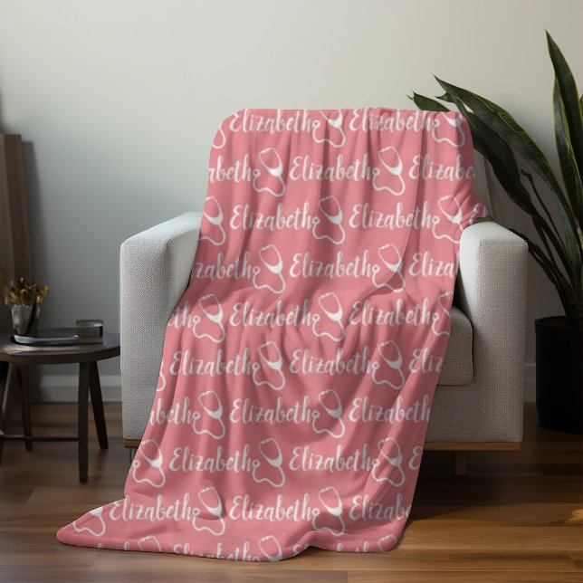 Trendy Nurse Personalised Calligraphy Name Pink Fleece Blanket (Creator Uploaded)