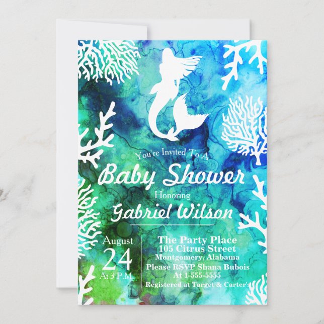 Trendy Ocean Hues White Mermaid & Corals Invitation (Front)