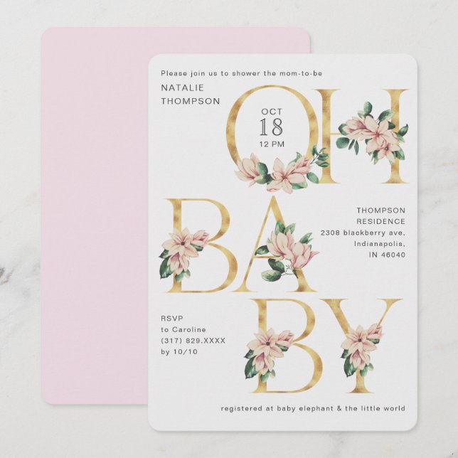 Trendy Oh Baby Magnolia Purple Blush Baby Shower Invitation (Front/Back)
