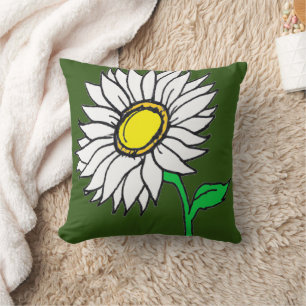 Trendy Olive Green Daisy Sunflower Yellow White Cushion