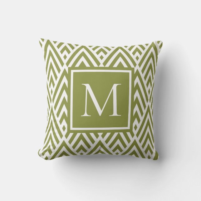 Trendy Olive Green Monogram Arrow Diamond Pattern Cushion (Front)