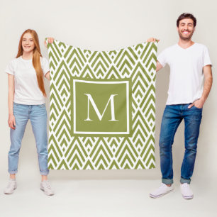 Trendy Olive Green Monogram Arrow Diamond Pattern Fleece Blanket