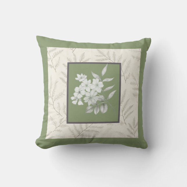 Trendy olive green with white flowers cushion (Front)