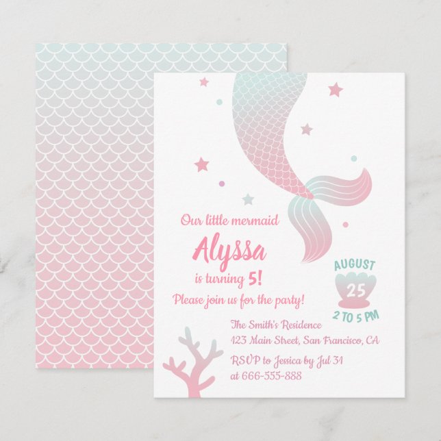 Trendy Ombre Mermaid Tail Girls Birthday Party Invitation (Front/Back)
