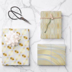 Trendy Opulent Gold and White Multi Patterned  Wrapping Paper Sheet